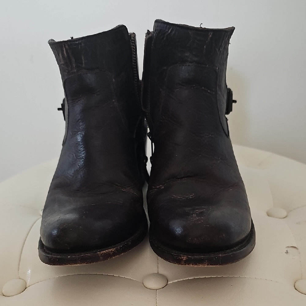 J.B. Dillon Dark Brown Leather Harness Boots with Side Zip Si